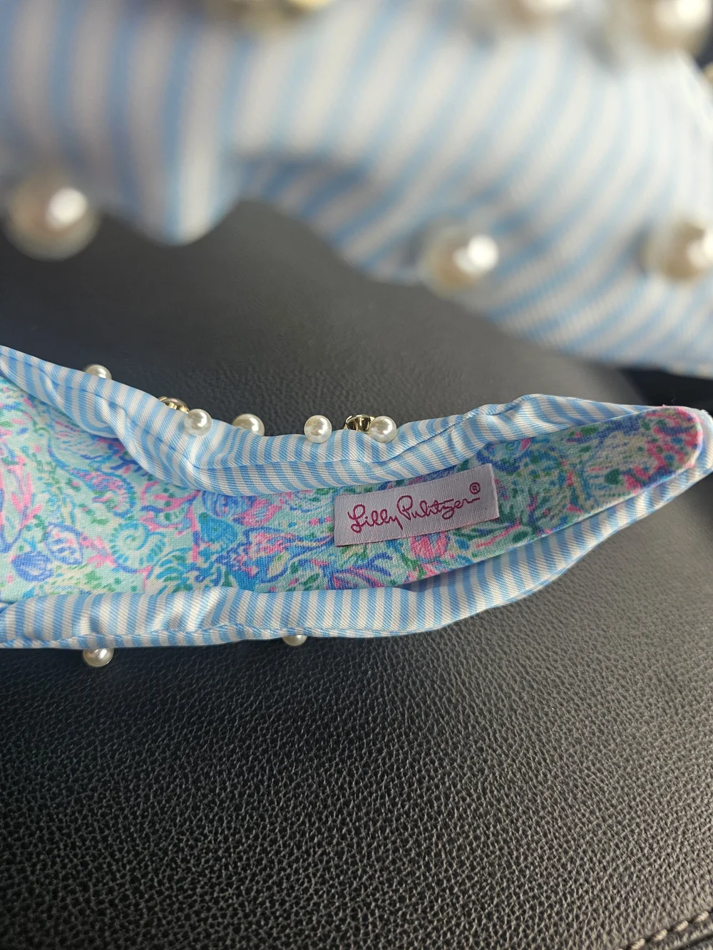 Lilly Pulitzer Light Blue & White Striped Pearl and Gem Knotted Headband